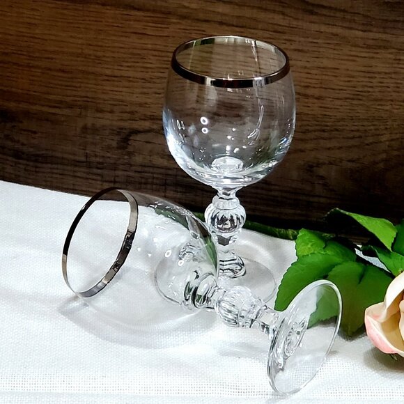 2 Bold Silver Trim Crystal Cordial Liquor Glasses 4.7" ribbed ball sculpted stem - Picture 2 of 10